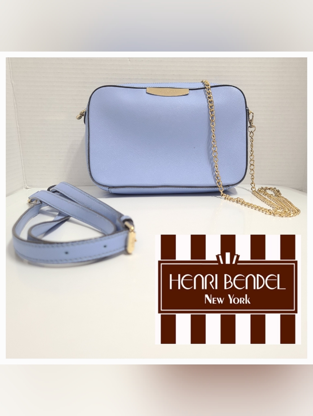 Henri Bendel Sky Blue Saffiano Leather Camera Style Crossbody Bag